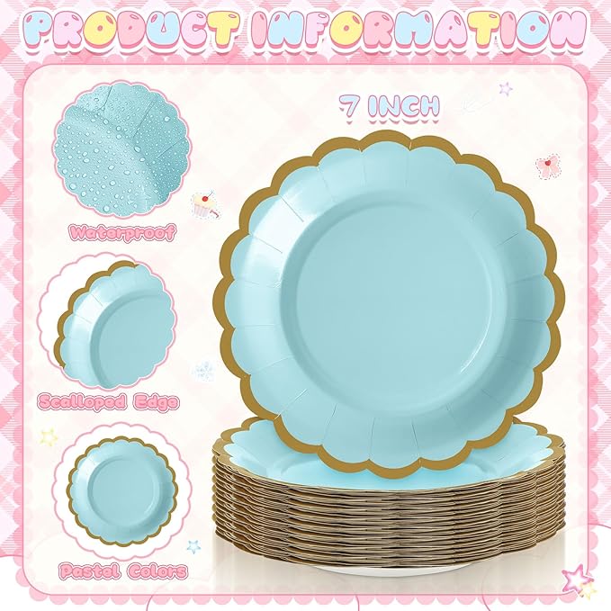 96 Pcs Pastel Paper Plates 7 Inch Easter Scalloped Disposable Dessert Plate for Coquette Bridal Pink Bow Wedding Birthday Baby Shower Party Supplies