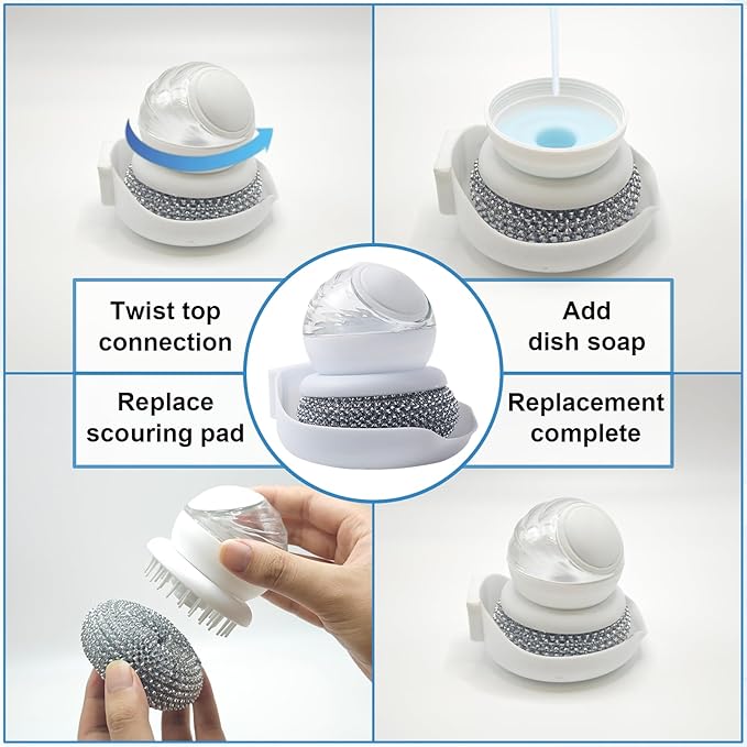 Dish Brush with Soap Dispenser, Steel Wool Scrubber with Replaceable Steel Wool, Pan Scraper and PET Scouring Pad, Wire Brush for Cleaning Cast Iron, Grill Pans, Stock Pots, Grills, Sinks (White)