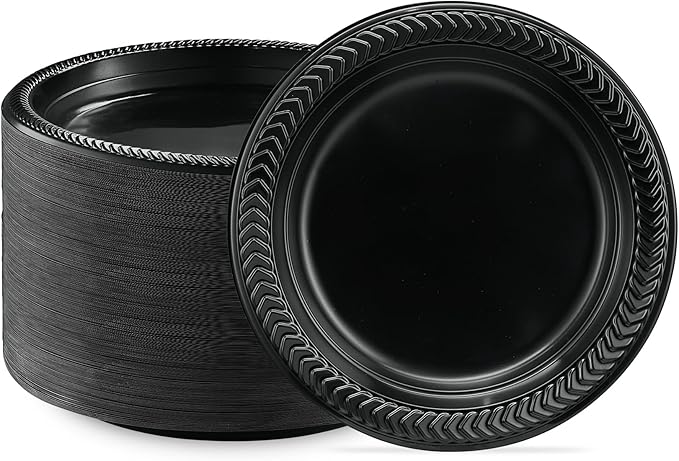 PLASTICPRO 400 PCS Black Plastic Plates Light Weight 7 Inch Plastic Dinner Dessert Appetizer Plates Black Plates Disposable for Party and Wedding