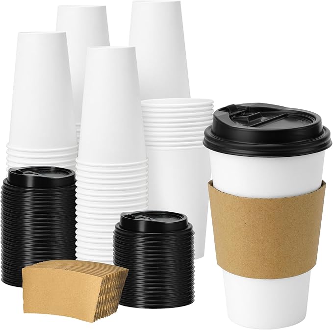 Clawsoff 100 Pack 16 oz Disposable Paper Coffee Cups with Lids and Sleeves, Sturdy Thick Paper Cups with Lids(White)