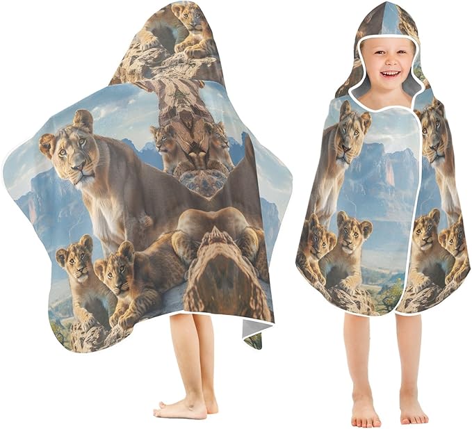 Hooded Towel for Kids Lion Family in Natural Habitat Beach Wrap Bath Towels 50x23.5in