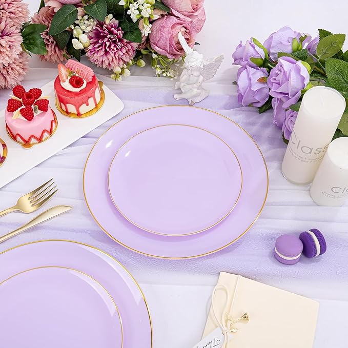 PULOTE 100PCS Purple Plastic Plates Disposable - Include 50 Dinner / 50 Dessert Plates Heavy Duty for Party, Wedding&Birthday