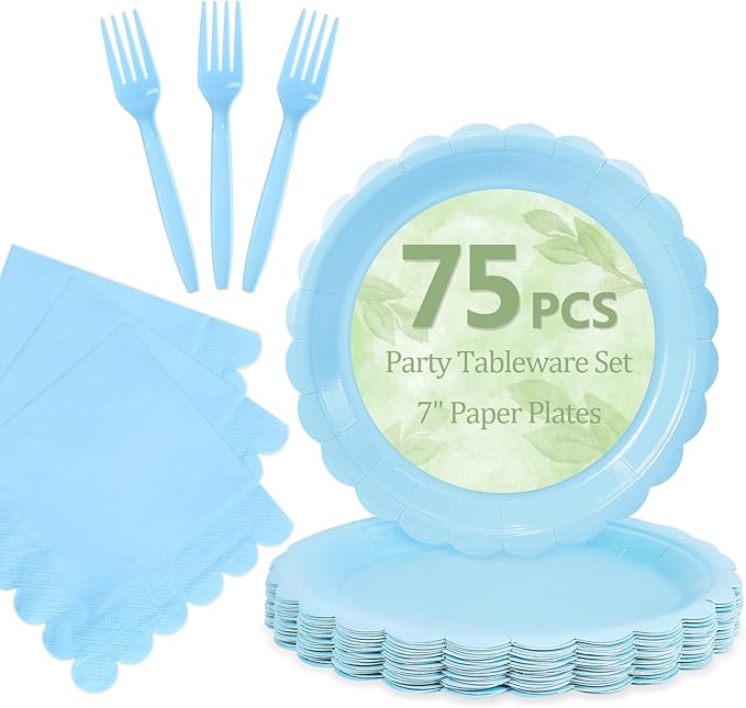 Mulbozy 75 Light Blue Plates and Napkins Disposable Set Includes 25 Dessert Cake Scalloped Plates, Cocktail Napkins & Forks, for Fork 25 Guests Holiday Party Supplies.