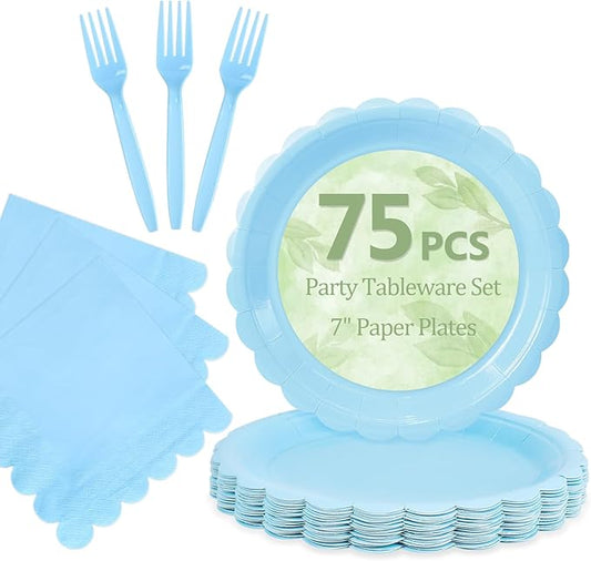 Mulbozy 75 Light Blue Plates and Napkins Disposable Set Includes 25 Dessert Cake Scalloped Plates, Cocktail Napkins & Forks, for Fork 25 Guests Holiday Party Supplies.