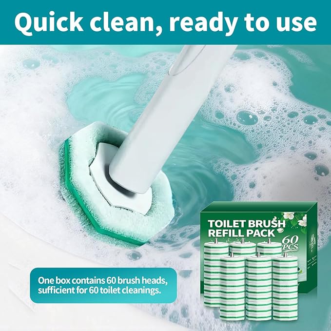 60 Count Toilet Brush Heads, Toilet Wand Refills for Clorox ，Suitable for Most Disposable Toilet Brushes. Features a Convenient snap-on Design. Both Home and Commercial use.No Falling Apart,