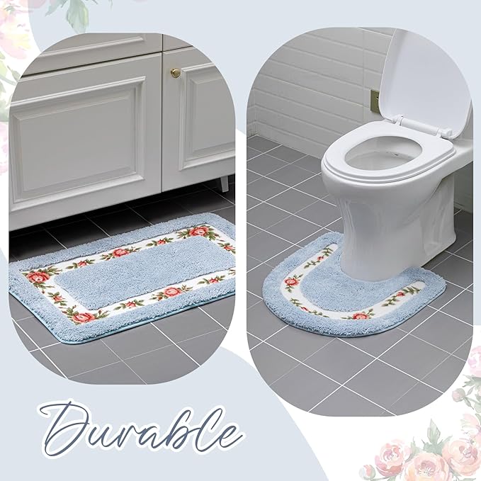 Drydiet 3 Pcs Rose Flowers Bathroom Rugs Set Coquette Room Decor Floral Carpet for Bathroom Bedroom Living Room, Floral Bath Mat Non Skid Romantic Rose Flower Area Rugs 3 Shapes(Blue,Small)
