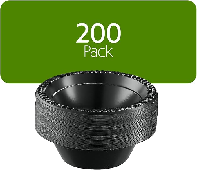 PLASTICPRO 200 PCS Black Plastic Bowls Light Weight 12 oz Plastic Soup Bowls Black Salad Plates Disposable for Party and Wedding