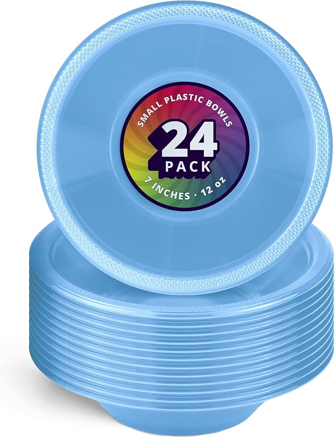 DecorRack 24 Small Plastic Bowls, 7 inch Disposable 12 oz Serving Bowl, Fruit Snack, Popcorn, Soup, and Salad, Kids Birthday and Holiday Party Supplies, Light Blue (Pack of 24)