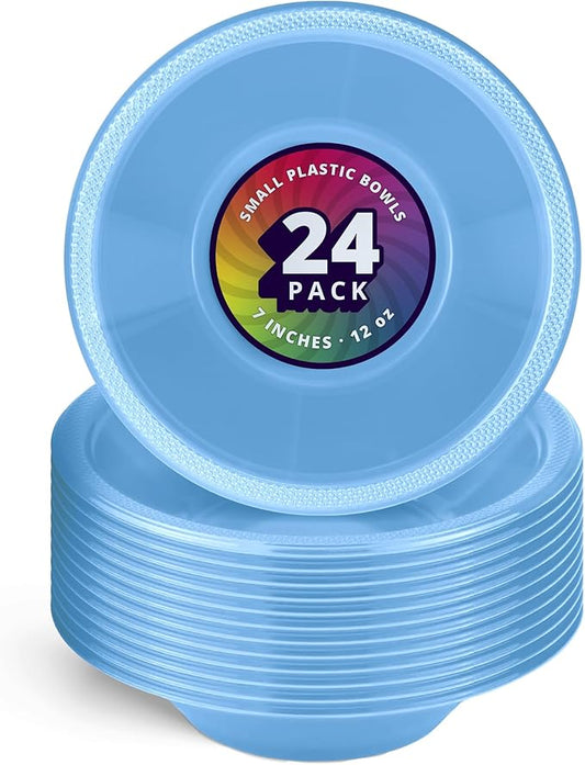 DecorRack 24 Small Plastic Bowls, 7 inch Disposable 12 oz Serving Bowl, Fruit Snack, Popcorn, Soup, and Salad, Kids Birthday and Holiday Party Supplies, Light Blue (Pack of 24)