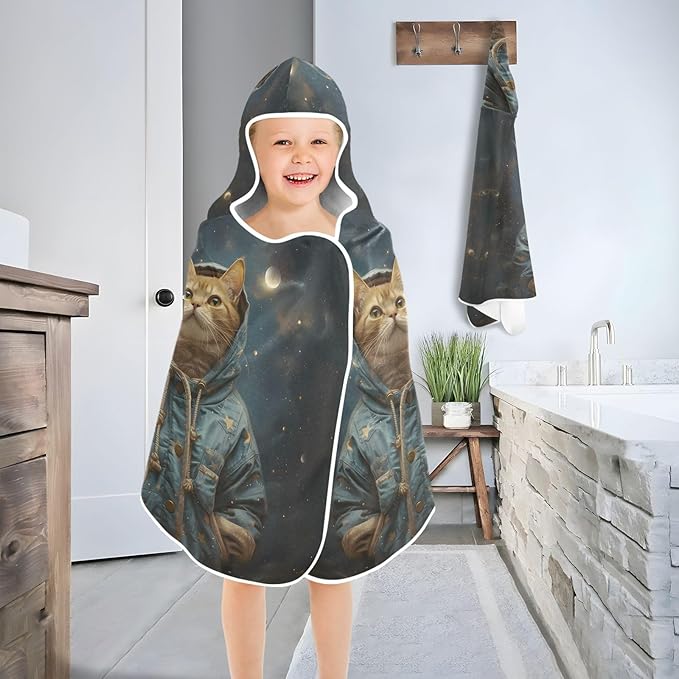 Hooded Towel for Kids Cat Standing in Space Beach Wrap Bath Towels 50x23.5in