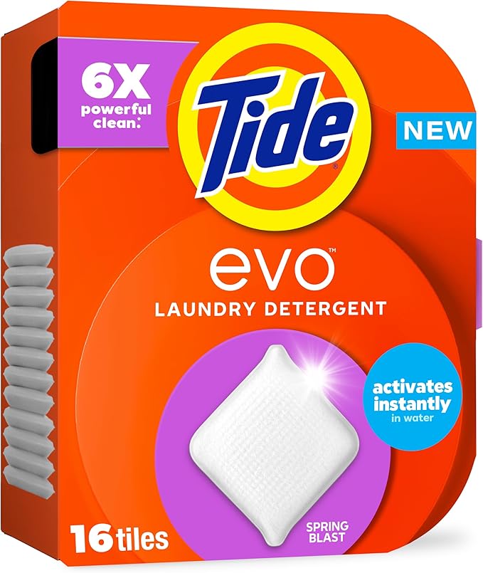 Tide evo Spring Blast Scent Laundry Detergent Fiber Tiles Works on 100% of Common Stains Safe for All Machines and Water Conditions Concentrated HE Compatible Clean and Instant Dissolve, 16 Count