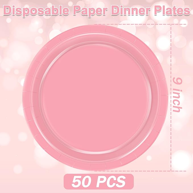 QZYL 50 PCS Pink Paper Plates, Round Disposable Paper Plates, 9 Inches Dinnerware for Everyday Use, Heavy Duty TablewarePack for Birthday Wedding Bridal Shower Christmas Party