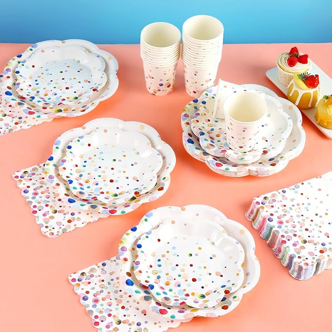 Colorful Birthday Plates and Napkins 200PCS Confetti Happy Birthday Party Plates Set Disposable Tableware Serve 50 for Art Paint Party Supplies Bubble Decorations-Colorful Paper Plates