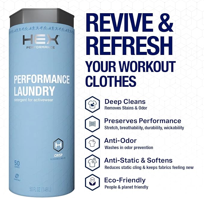 HEX Performance Laundry Detergent, Crisp Scent, 100 Loads (50ld Pack of 2) – Concentrated Activewear Detergent for Odor Removal, Sweat & Residue, HE Compatible, Eco-Friendly, Biodegradable Formula
