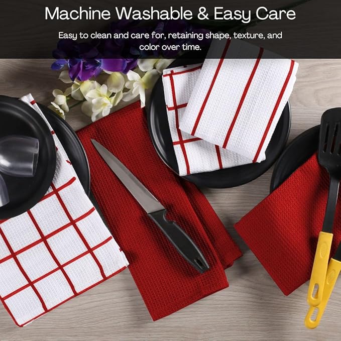Assorted Waffle Kitchen Dish Towels Cotton Set of 6, Soft Absorbent Quick Drying Table and Kitchen Linen, Tea Towels and Cleaning Towels with Hanging Loop, Dish Towels 15x25 Red