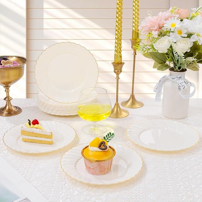 YOUBET 125PCS Scalloped Plastic Plates - Ivory Scalloped Disposable Plates - Gold Plastic Dinnerware Set Include 50 Plates, 75 Gold Silverware for Party & Wedding