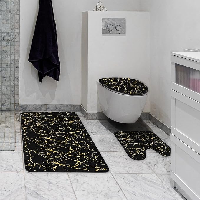 Marble 3-Piece Nonslip Black Gold Bathroom Rugs and Mats Set - Soft, Washable, Water Absorbent Shower Rug with U-Shaped Contour and Toilet Lid Cover