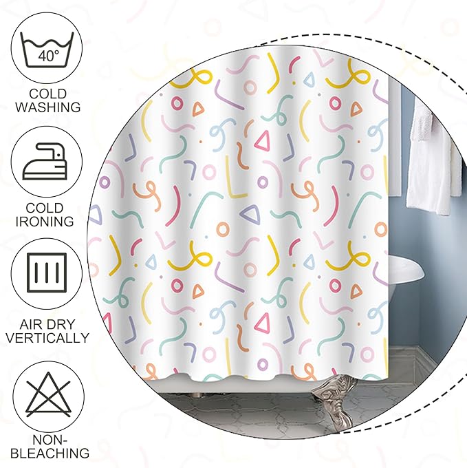 Cute Colorful Doodle Shower Curtains Playful Confetti Shower Curtain Decorative for Bathroom Pastel Waterproof Fabric Bathroom Decorations with Hooks 84x72 Inches