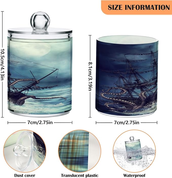Blueangle 2PCS Pirate Ship Qtip Holder Dispenser with Lids - Apothecary Jar Containers for Vanity Organizer Storage - Plastic Food Storage Canisters