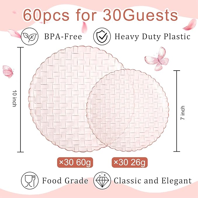 Festiva 60PCS Clear Pink Plastic Plates - Heavy Duty Weave Pattern Fancy Disposable Plates -serve for 30 guests Include 30PCS 10" & 30PCS 7" Plates for Birthday & Easter Party(Pink)
