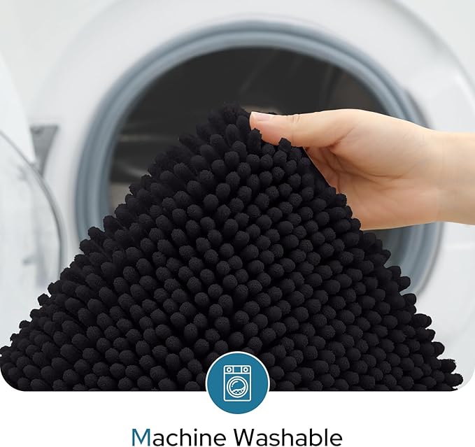 BYSURE Black Bathroom Rugs Sets 3 Piece with Toilet Lid Cover Non Slip Extra Absorbent Plush Chenille Soft Washable Bath Mats