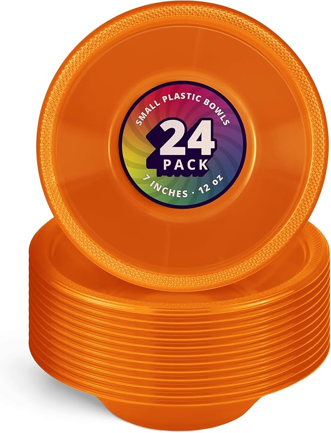 DecorRack 24 Small Plastic Bowls, 7 inch Disposable 12 oz Serving Bowl, Fruit Snack, Popcorn, Soup, and Salad, Kids Birthday and Holiday Party Supplies, Orange (Pack of 24)