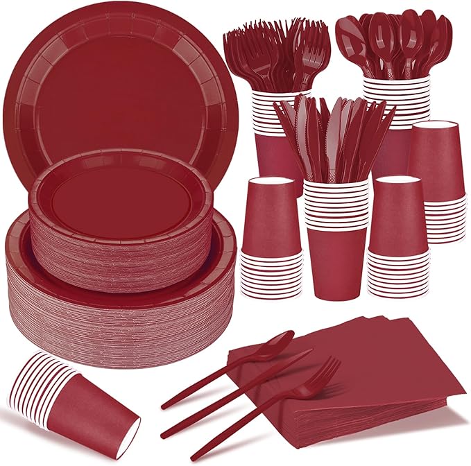 228PCS Burgundy Party Supplies Set Include Paper Plates Cups Paper Napkins Plastic Spoons Forks Knives for 30 Guests Disposable Party Dinnerware for Birthday Wedding Family Picnic