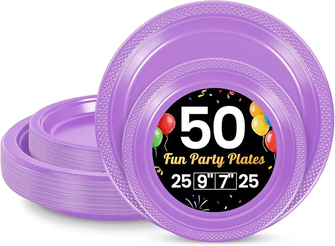 LANLISA 50 Pcs Lavender Plastic Plates For Party, 25-9" & 25-7" Disposable Cake Dessert Plates For Birthday, Baby Shower, Easter, Mothers Day Dinner