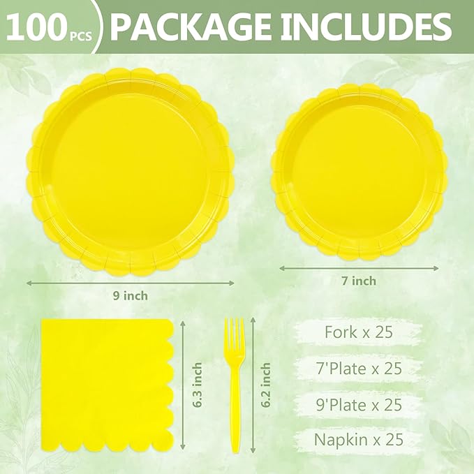 Mulbozy 100 Yellow Plates and Napkins Disposable Set Includes 25-9" & 25-7" Dessert Cake Scalloped Plates, Cocktail Napkins, Forks for for Holiday Party Supplies