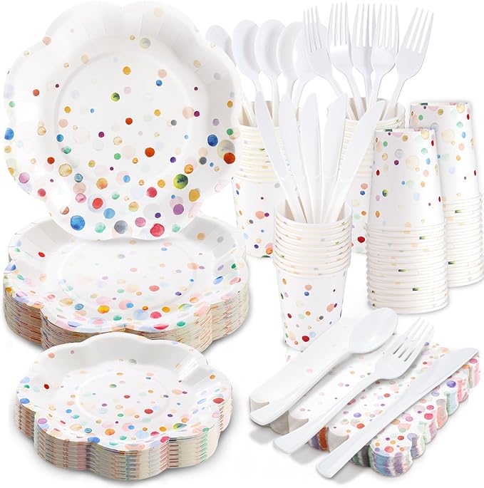 Colorful Birthday Plates and Napkins 350PCS Confetti Colorful Paper Plates Happy Birthday Disposable Tableware Set Serve 50 for Art Paint Party Supplies Bubble Decorations