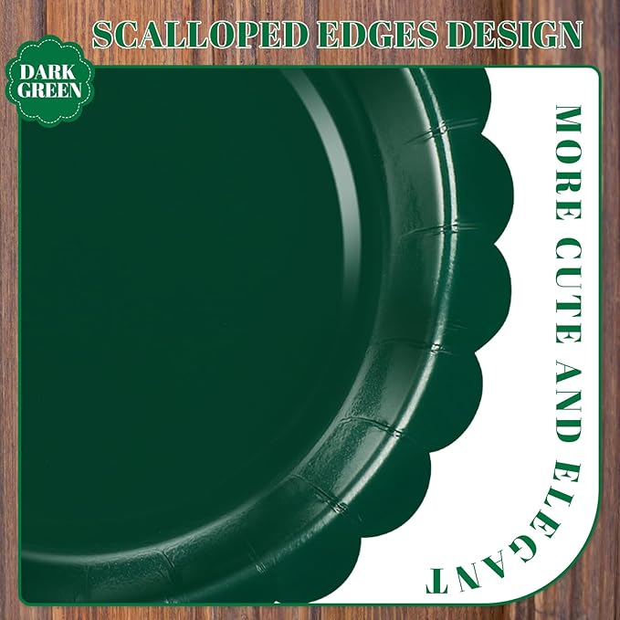 NatNarr 30 Pcs Dark Green Plates 9 Inch Scalloped Green Paper Plates Disposable Dessert Dinner Plate for Wedding, Master Party, Bridal Baby Shower