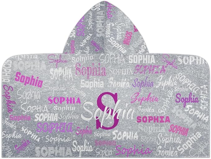 Personalized Hooded Bath Towel Wrap - Large Hooded Kids Towel Toddler Shower Pool Beach Towel Soft Plush Absorbent Quick Dry Towel, 24x50in, Name Ranked Silver Glitters Effect Print