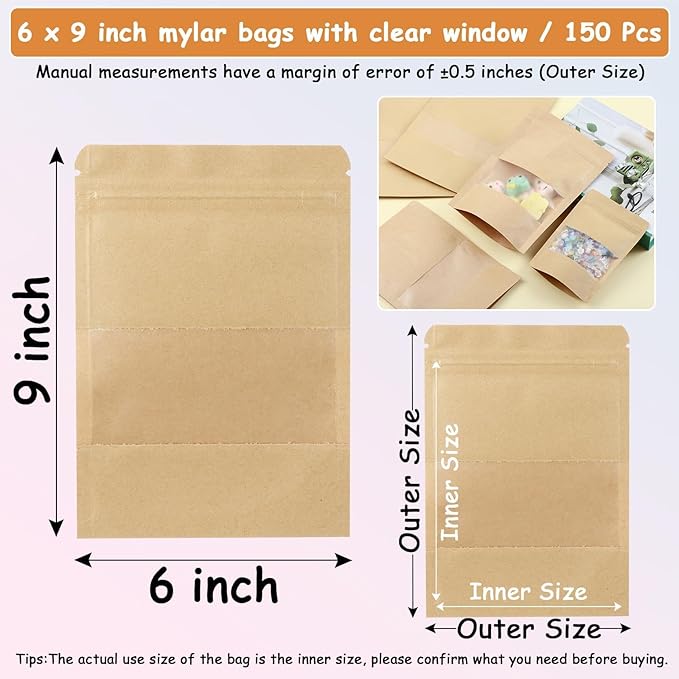 150 Kraft Mylar Bags for Food Storage 6X9 Mylar Bags with Window Candy Packaging Resealable Bags Reclosable Small Stand Up Pouches Edible Packaging, Kraft Paper Bags for Small Business