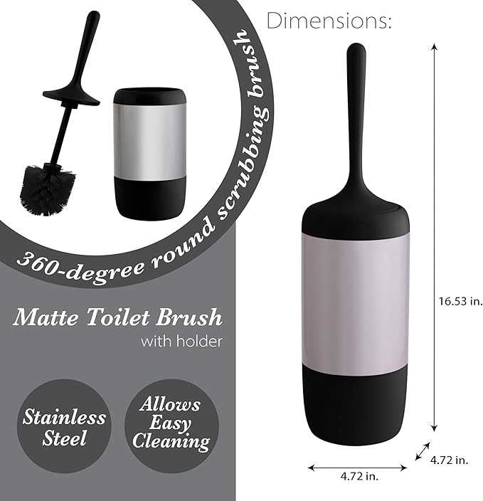 Bath Bliss Smooth Matte Stainless Waste Bin and Toilet Brush | Dimensions: 7.9" x 7.9" x 9.8"- Wastebasket | Dimensions: 4.7"x 4.7"x 16.5"- Toilet Brush| Bathroom Accessories | Black