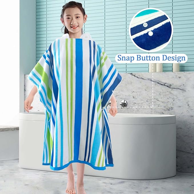 VOOVA & MOVAS Hooded Poncho Towel for Teens Unisex 100% Cotton Vacation Ready Bold Beach Pool Swim Cover Up Blue Green Stripe