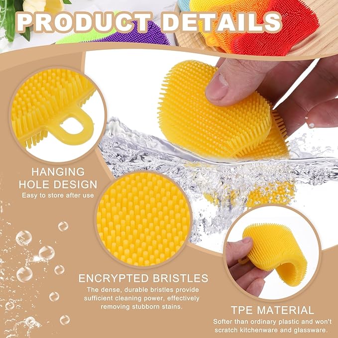 uxcell Silicone Dish Scrubber, 3 Pack Reusable Dishes Sponges Silicone Sponges Double Design for Kitchen Bathroom Cleaning Gadgets Accessories Countertop Cookware Pots Pans, Yellow