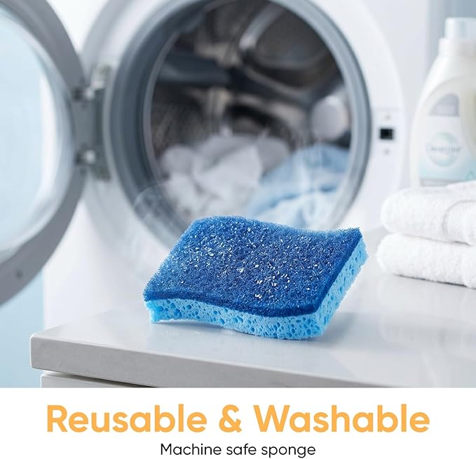 Superio Non-Scratch Cellulose Sponge Kitchen Scrub Sponges with Scouring Pad Set, Good for Non-Stick Cookware Frying Pan, Pot, Counter Top, Sink Scrubbing, Kitchen Scrubbers, Pack of 1, Blue