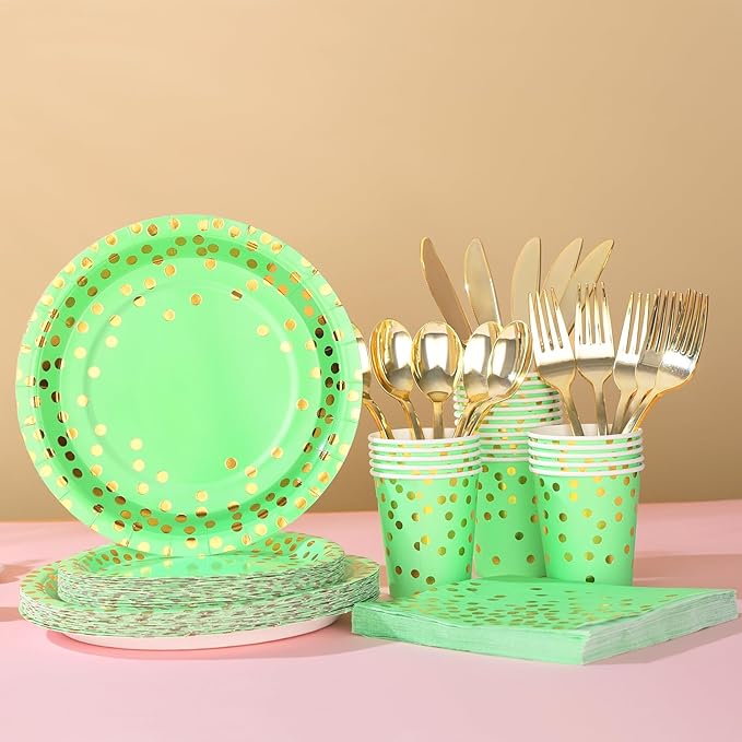 Green Paper Plates, 168 Pcs Lime Green Plates and Napkins Party Supplies, Birthday Plates Serve 24, for St Patricks Day, Graduation Party Decorations