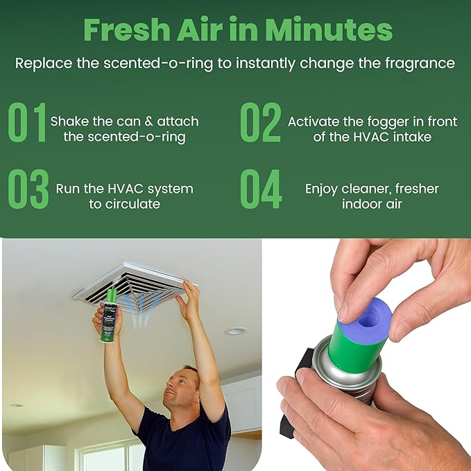 HVAC Air Deodorizer & Mold Treatment Fogger 3-Pack with 3 Scented O-Ring Pads | Air Duct Freshener for HVAC & AC Vents | Plant-Based Thymol Fogger for Home, Car & Commercial Spaces