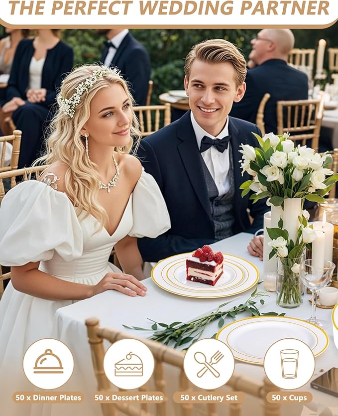 GATHER 350PCS Gold Plastic Plates - White and Gold Disposable Plastic Dinnerware Set Include 50 Dinner Plates, 50 Dessert Plate, 150 Silverware, 50 Napkins, 50 Cups for Party & Wedding