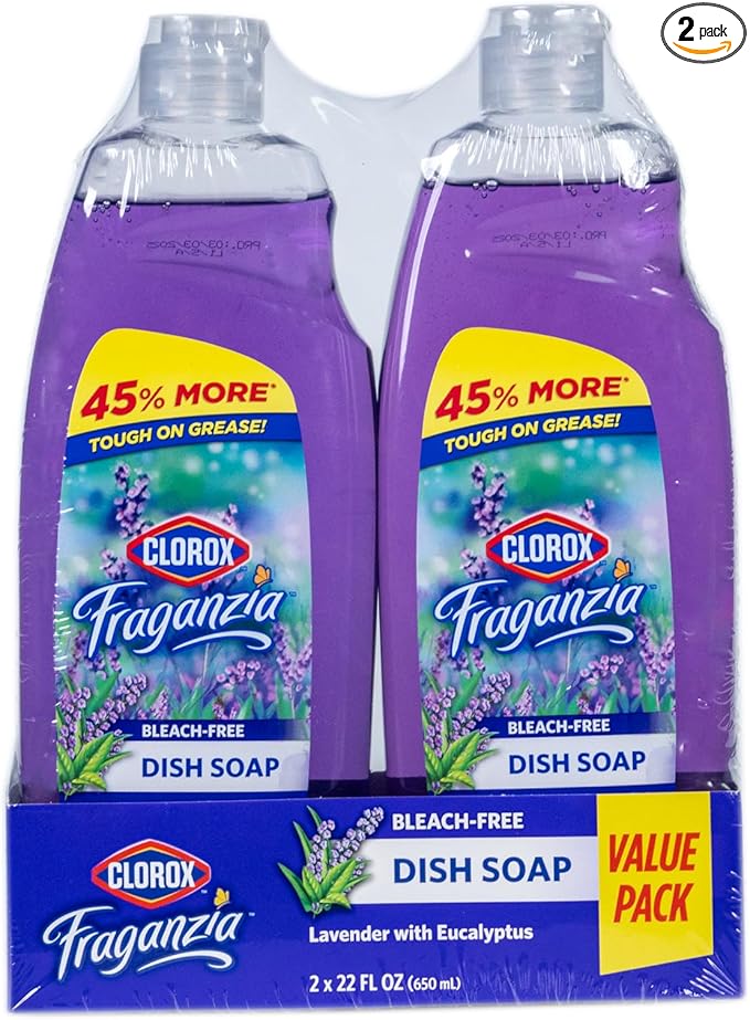 Clorox Fraganzia Liquid Dishwashing Soap, Lavender Scent - Cuts Through Tough Grease Fast, Quick-Rinsing Formula Washes Away Grime, A Powerful Clean You Can Trust, 22 Fl Oz, Pack of 2