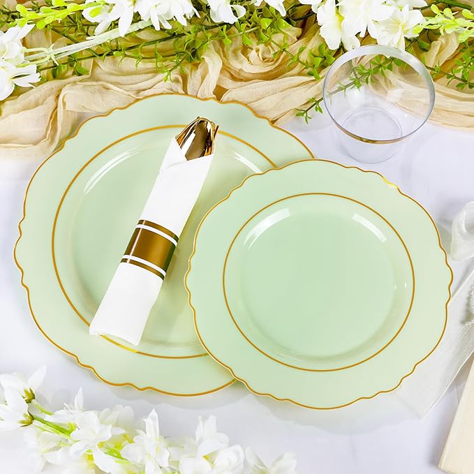 Liacere 350PCS Light Green Plates - Disposable Green and Gold Plastic Plates 50guest Baroque Dinnerware include 100Plates,50Pack Pre Rolled Napkins with Silverware 50Cups for Wedding ＆ Party & Spring