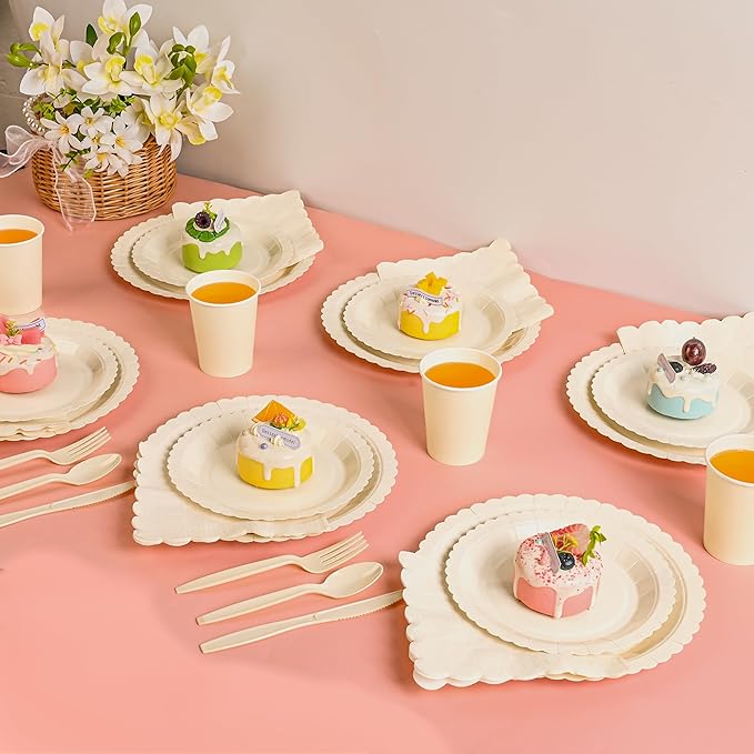 175 PCS Ivory Paper Plates and Napkins Tableware Set, Ivory Party Supplies for 25 Guests Include Scalloped Plate Paper Napkins Cups Knife Fork Spoon for Baby Shower, Birthday, Wedding