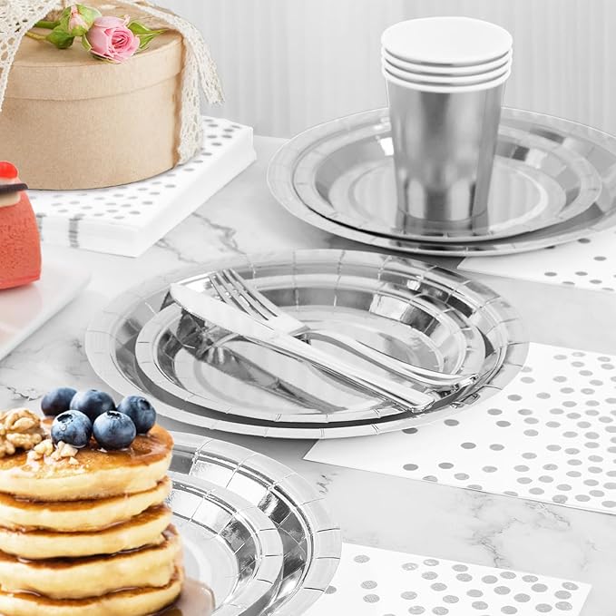 Silver Paper Plates and Napkins Party Supplies,350pcs Silver Plates Disposable Dinnerware Set for Anniversary Graduation Holiday Disco Birthday Party Decorations Serves 50
