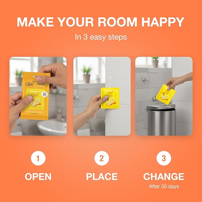 Godrej Ezee Aer Power Pocket Bright Tangy Delight Bathroom Fragrance 10 g, 6-Pack, Yellow