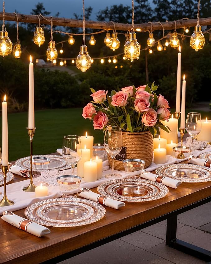 Ciaell 350PCS Rose Gold Plastic Plates - Clear Rose Gold Disposable Plates with Plastic Silverware include 100Plates, 150Silverware, 50Cups, 50Napkins for Wedding & Party