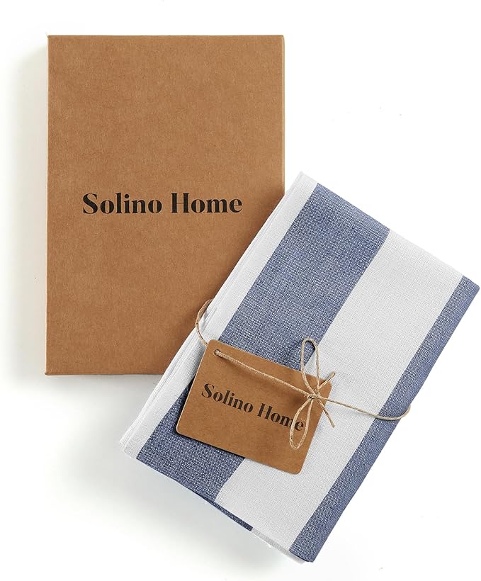 Solino Home Navy and White Linen Kitchen Towels Set of 2-100% Pure Linen 17 x 26 Inch Cabana Stripe Tea Towels with Hanging Loop - European Flax Kitchen Dish Cloth - Quick Dry & Machine Washable