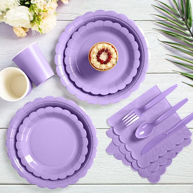 Vyntra 175 Pcs Lavender Purple Disposable Paper Plates and Napkins Set for 25, 9" Dinner Plates & 7" Dessert Plates, Tableware for Baby Shower, Bridal Shower, Birthday, Party