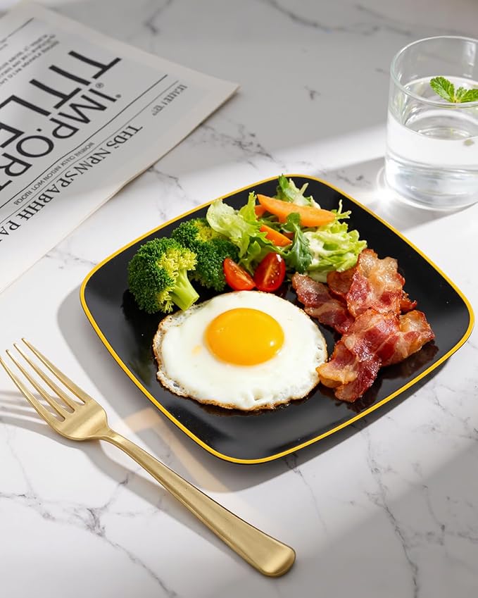 bUCLA 100PCS Black Plastic Plates with Gold Trim - Heavy Duty Black Gold Square Plates Disposable - Include 50 Each (Dinner & Dessert) for Party & Graduation