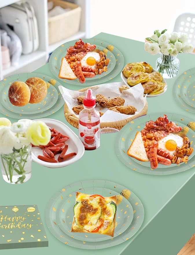Nkaiso Birthday Party Tableware Set, 161 Pieces Sage Green and Gold Disposable Plates Napkins Cups & Cutlery, Serves 20 for Adult Birthday, Baby Shower, Wedding